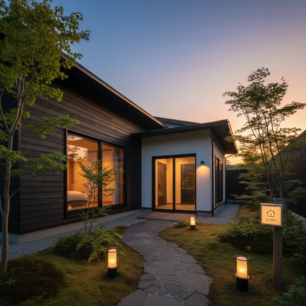 An inviting exterior of a carefully maintained Japanese-style rental villa at golden hour, with a blend of dark cedar siding, clean white walls, and expansive glass sliding doors glowing warmly from interior light. A small, discreet sign by the entrance shows a stylized house logo and the word “STAY” in simple sans-serif lettering, hinting at direct inquiry reservations. The stone pathway and low garden lanterns lead the eye to the entrance, surrounded by manicured greenery and soft moss. Captured from a slightly low angle in photographic realism, the sky is clear and blue transitioning to orange, creating a serene, premium atmosphere that conveys carefully curated nationwide lodgings.