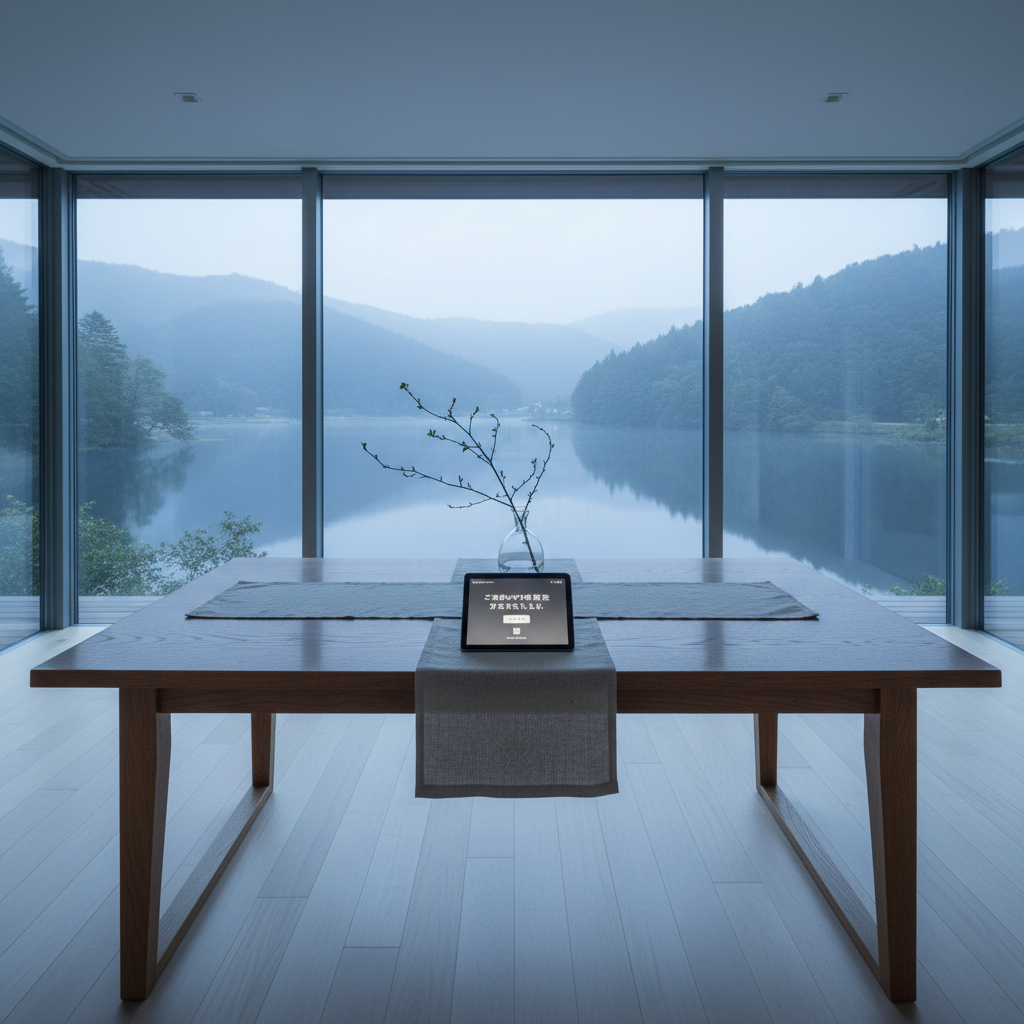A serene interior of a premium lakeside貸別荘, featuring expansive floor-to-ceiling windows framing a still, misty lake and tree-covered hills at dawn. In the foreground, a solid oak dining table with refined edges stands on pale wooden flooring, set simply with a linen runner, a small vase containing a single branch, and a discreet tablet displaying a confirmed direct reservation screen. Cool, soft morning light seeps through the glass, creating gentle reflections on the table surface and a tranquil blue-gray palette. Captured in photographic realism from a wide-angle, eye-level perspective with clear depth, the composition feels spacious, orderly, and quietly luxurious, matching a professional brand that specializes in carefully selected stays reserved by direct contact.