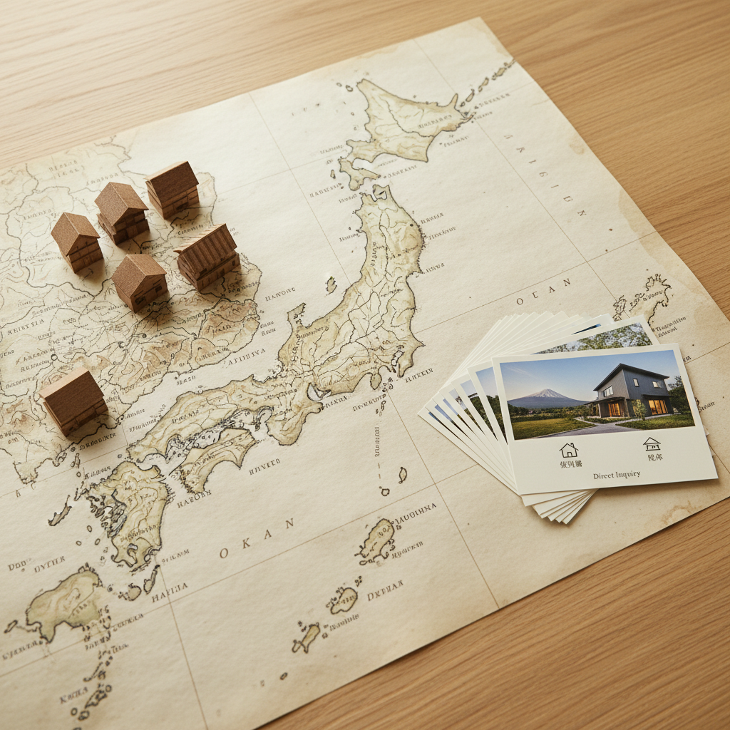 An overhead view of a large, detailed map of Japan spread across a light oak table, with small, refined wooden house markers placed on various scenic regions such as Hokkaido, Hakone, and Okinawa. Beside the map lies a neatly arranged stack of printed property cards showing high-quality photos of rental villas, each with minimalist icons for貸別荘 and 民泊, and a simple “Direct Inquiry” label. Soft, diffused daylight from above illuminates the scene evenly, enhancing the paper textures and subtle colors. Photographic realism with sharp focus throughout highlights a professional yet approachable planning atmosphere, perfectly representing a curated nationwide vacation rental platform.