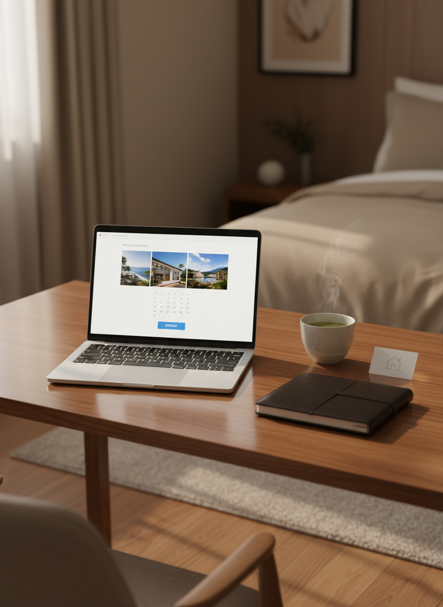 A polished wooden desk in a minimalist home office corner of a high-end vacation rental, with a slim silver laptop displaying a clean booking interface featuring property photos, calendar, and a clear “お問い合わせ” button. Beside the laptop rests a dark leather-bound planner, a simple ceramic cup of green tea, and a small card with a subtle house icon imprint. Soft morning light enters from an unseen window, casting delicate shadows and a calm glow across the desk’s natural grain. Shot from a slightly elevated angle in photographic realism with a shallow depth of field, the background shows a blurred glimpse of a cozy bed and neutral-toned interior, evoking efficiency, reliability, and direct communication for reservations.