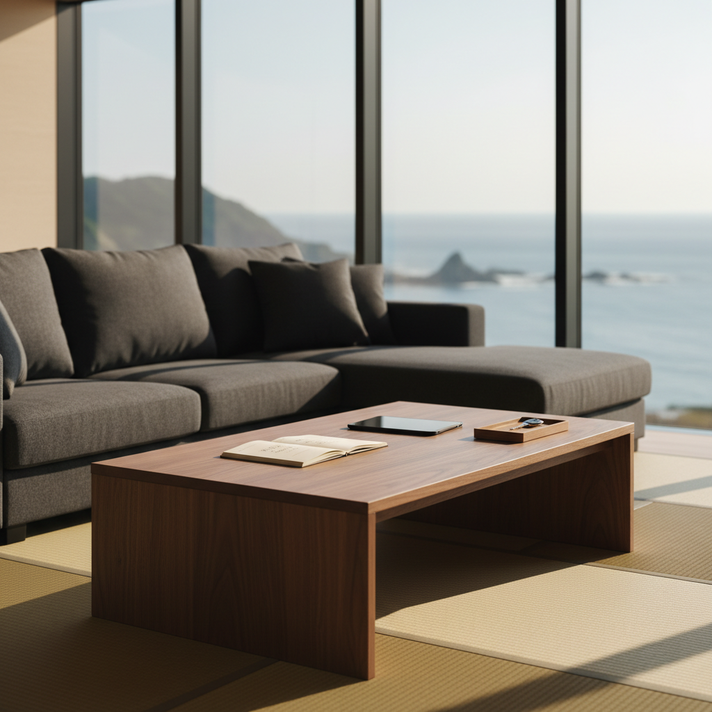 A meticulously styled living room of a modern Japanese vacation rental, featuring a low walnut coffee table with a smooth matte finish, plush charcoal-gray sofa, and large floor-to-ceiling windows revealing a distant coastline and soft blue sea. On the table, a neatly placed open notebook, tablet, and small key tray with an engraved wooden house icon subtly suggest direct booking. Late afternoon natural light pours in, creating gentle highlights on the wood grain and soft shadows under the furniture. Shot at eye level with photographic realism and a shallow depth of field, the background balcony and ocean view are softly blurred. The mood is calm, trustworthy, and professional, ideal as a hero image for a nationwide vacation rental reservation site.